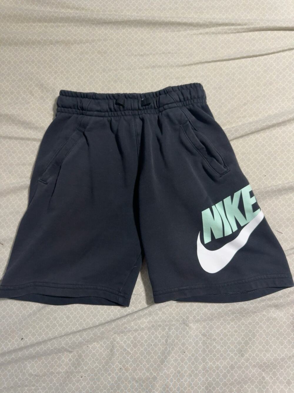 Nike Youth Medium Navy Mint White Logo Sweat Shorts Cotton Blend
